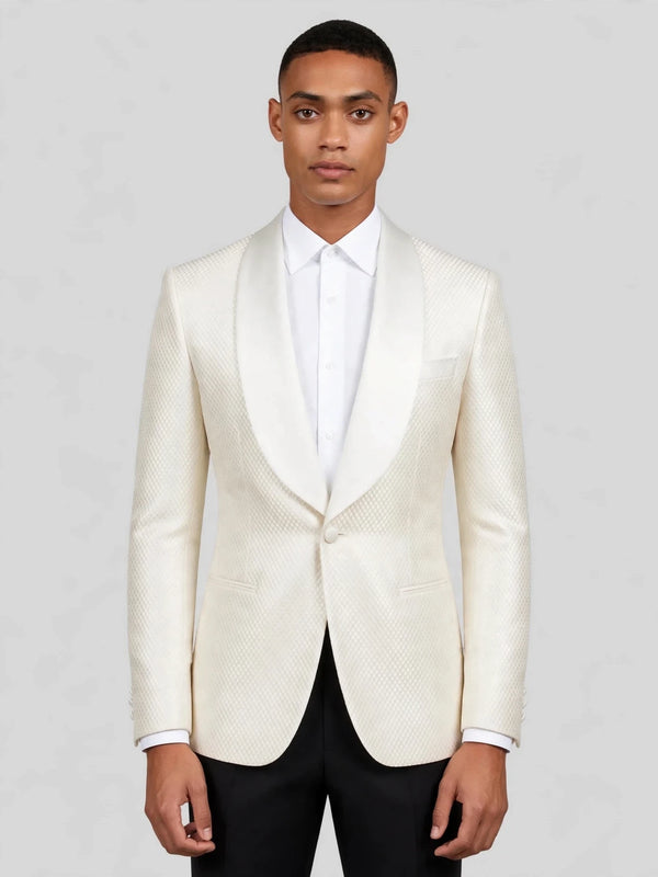 Ivory Diamond-Texture Satin Shawl-Collar Tuxedo Jacket 01