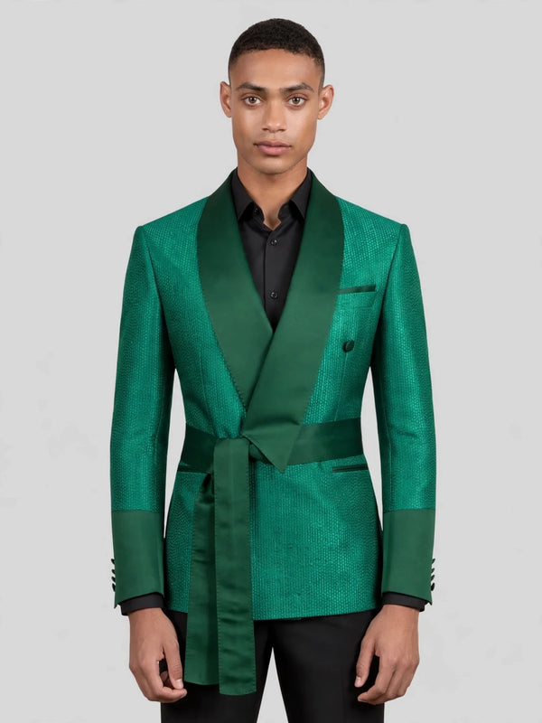 Emerald Micro-Dot Dark-Green Satin Shawl-Collar Belted Double-Breasted Tuxedo Jacket 04