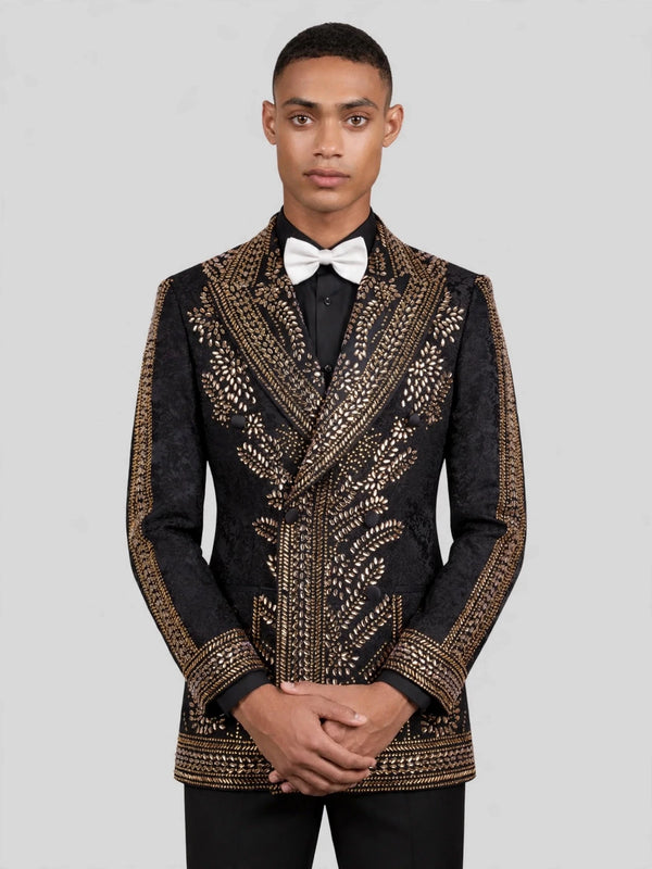 Onyx Gold Fern Crystal Peak-Lapel Double-Breasted Tuxedo Jacket 05