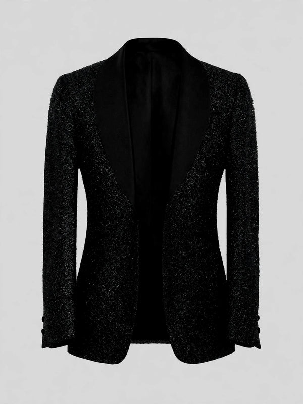 Onyx Glitter-Tweed Satin Shawl-Collar Tuxedo Jacket 07