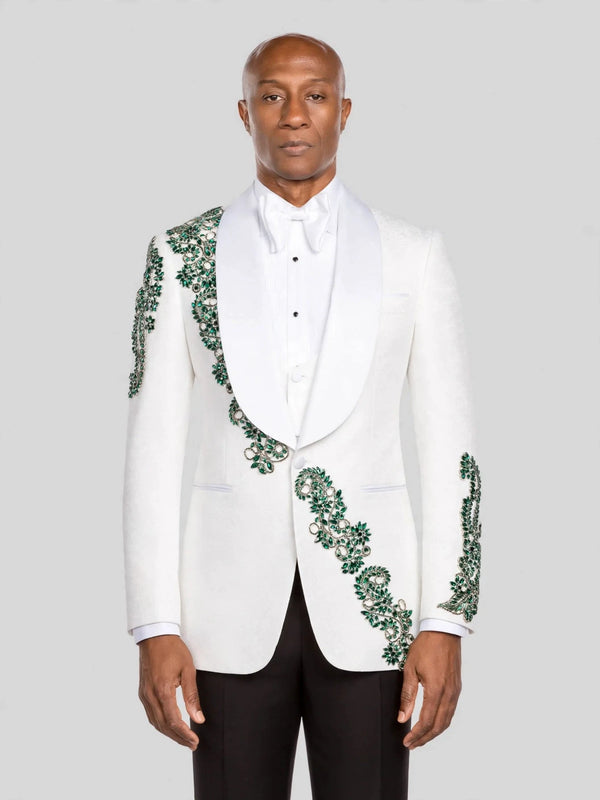 Ivory Emerald Crystal Vine Shawl-Collar Tuxedo Jacket - cover