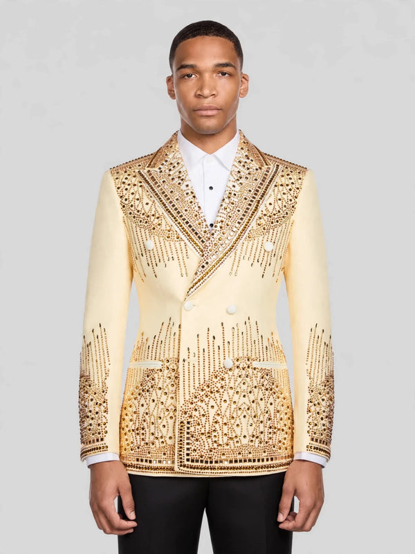 Cream Gold Crystal Cascade Peak-Lapel Double-Breasted Tuxedo Jacket 01