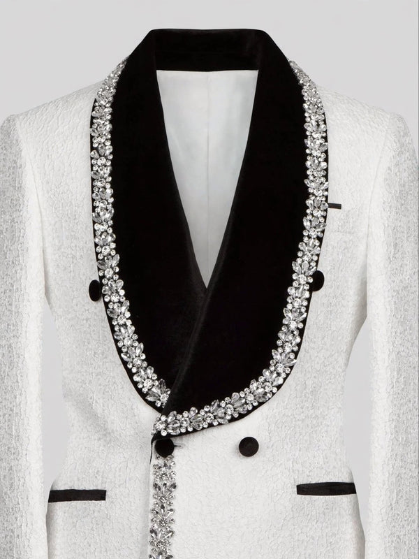 Ivory Silver Crystal Velvet Shawl-Collar Double-Breasted Tuxedo Jacket 08