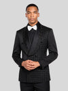Onyx Jet Floral-Grid Asymmetric Shawl-Collar Double-Breasted Tuxedo Jacket 05