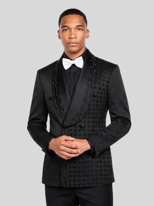 Onyx Jet Floral-Grid Asymmetric Shawl-Collar Double-Breasted Tuxedo Jacket 05