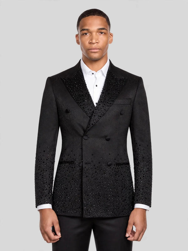 Onyx Jet Bead-Gradient Peak-Lapel Double-Breasted Tuxedo Jacket 01