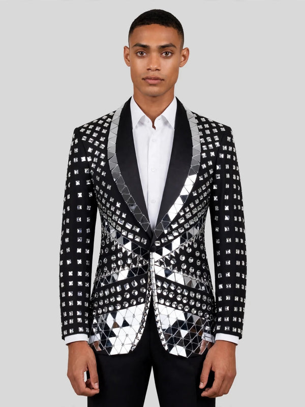 Onyx Silver Mirror-Mosaic Shawl-Collar Tuxedo Jacket 01