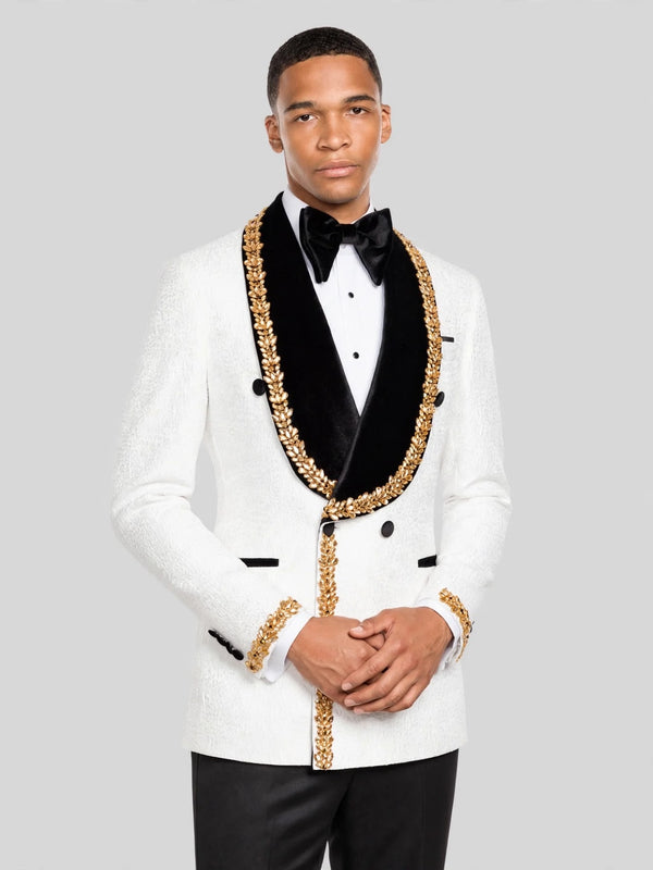 Ivory Gold-Leaf Velvet Shawl-Collar Double-Breasted Tuxedo Jacket 02