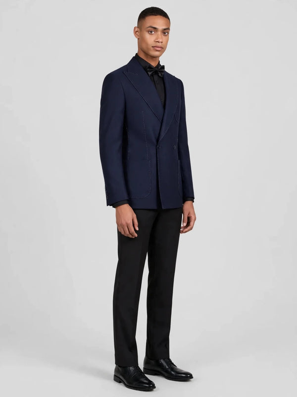 Midnight Navy Bold Pick-Stitch Patch-Pocket Peak-Lapel Double-Breasted Tuxedo Jacket 06