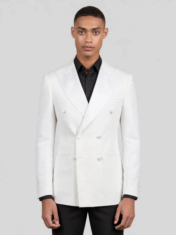 Ivory White Houndstooth Satin Peak-Lapel Double-Breasted Tuxedo Jacket 04