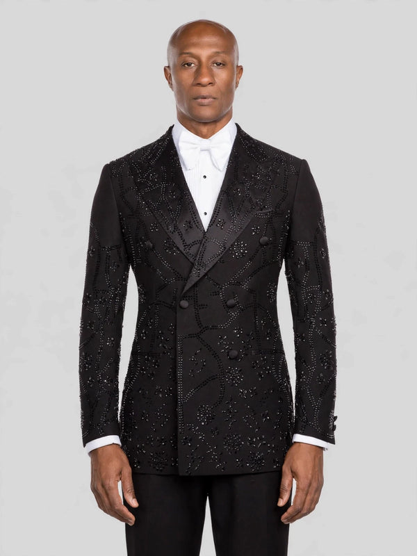 Onyx Jet Beaded Scroll-Vine Peak-Lapel Double-Breasted Tuxedo Jacket - cover