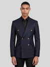 Midnight Navy Gold-Button Slant-Flap Peak-Lapel Double-Breasted Suit Jacket 04