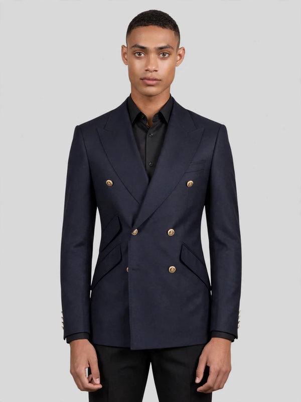 Midnight Navy Gold-Button Slant-Flap Peak-Lapel Double-Breasted Suit Jacket 04