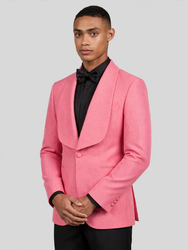 Coral Pink Diamond-Texture Shawl-Collar Tuxedo Jacket 06