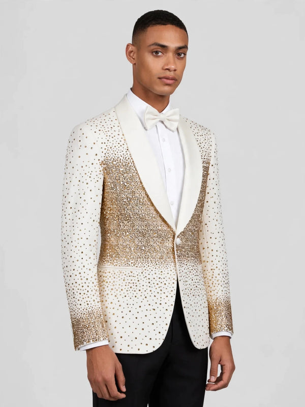 Ivory Gold Gradient Crystal-Dot Shawl-Collar Tuxedo Jacket 03