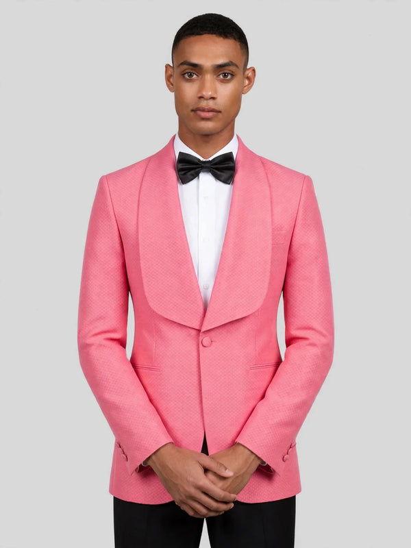 Coral Pink Diamond-Texture Shawl-Collar Tuxedo Jacket 02