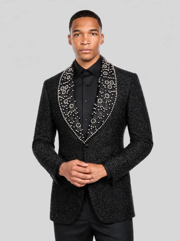 Onyx Silver Pearl-Ring Shawl-Collar Tuxedo Jacket 04