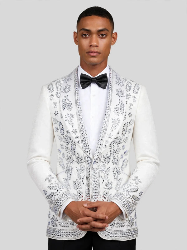 Ivory Silver Crystal Floral Shawl-Collar Tuxedo Jacket 02