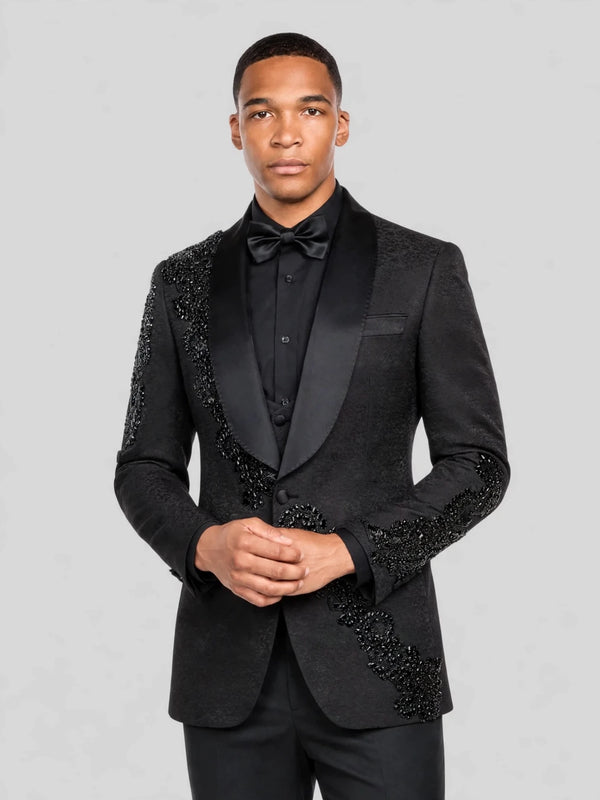 Onyx Jet Beaded Diagonal Shawl-Collar Tuxedo Jacket 06