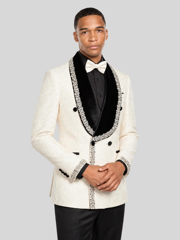 Cream Silver Crystal Velvet Shawl-Collar Double-Breasted Tuxedo Jacket 05