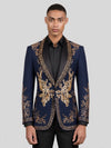 Midnight Navy Gold Crystal Floral Shawl-Collar Tuxedo Jacket 04
