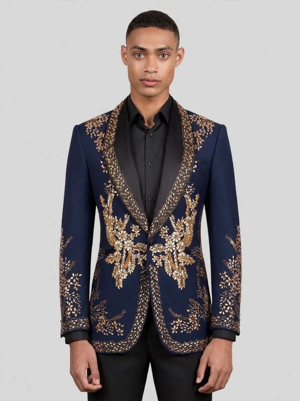 Midnight Navy Gold Crystal Floral Shawl-Collar Tuxedo Jacket 04