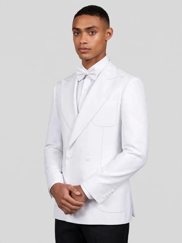 Snow White Pick-Stitch Patch-Pocket Peak-Lapel Double-Breasted Tuxedo Jacket 03