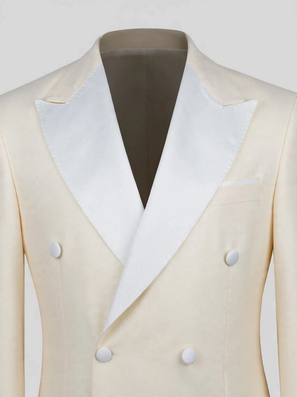 Cream White Satin Peak-Lapel Double-Breasted Tuxedo Jacket 08