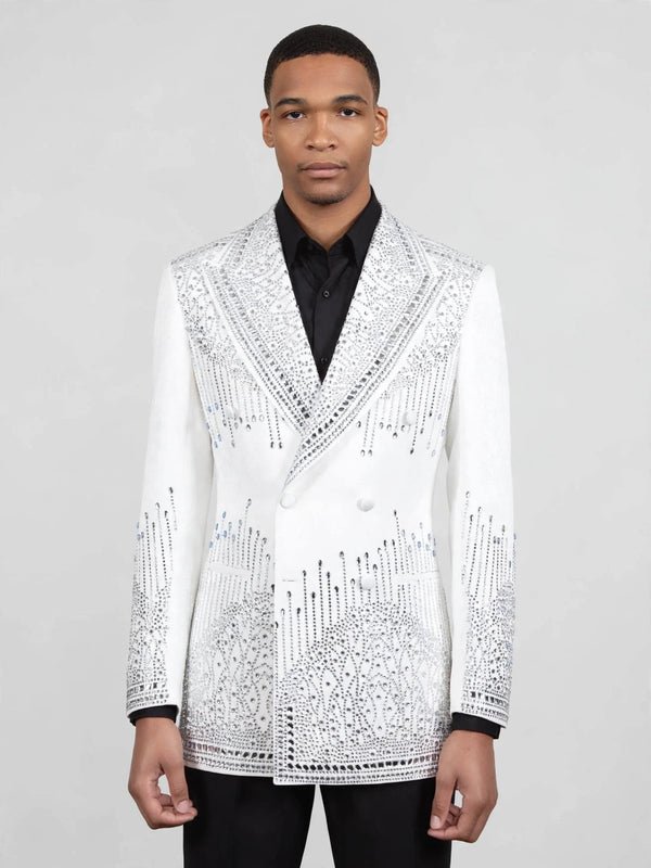 Ivory Silver Crystal Drip Peak-Lapel Double-Breasted Tuxedo Jacket 04