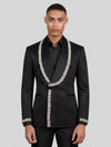 Onyx Matte Silver Crystal-Trim Shawl-Collar Double-Breasted Tuxedo Jacket 04