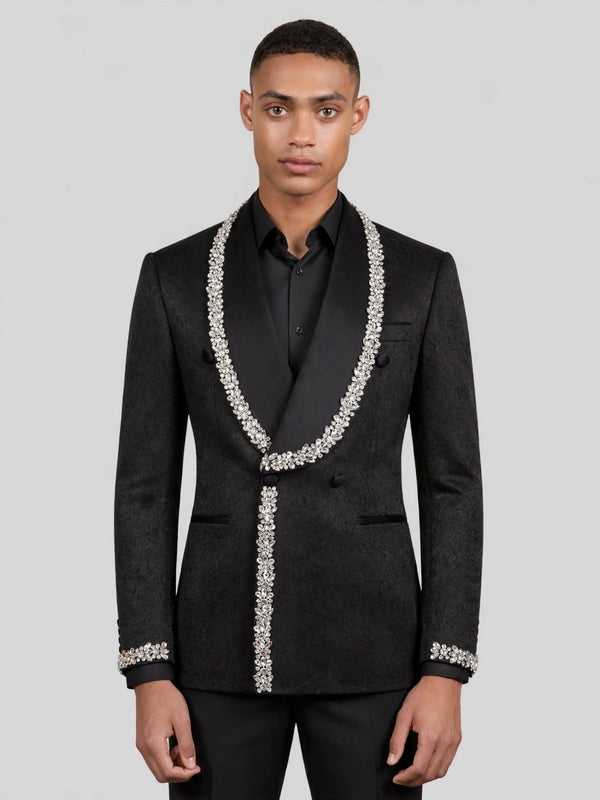 Onyx Matte Silver Crystal-Trim Shawl-Collar Double-Breasted Tuxedo Jacket 04