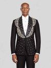 Onyx Silver Crystal Feather-Frond Shawl-Collar Tuxedo Jacket - cover