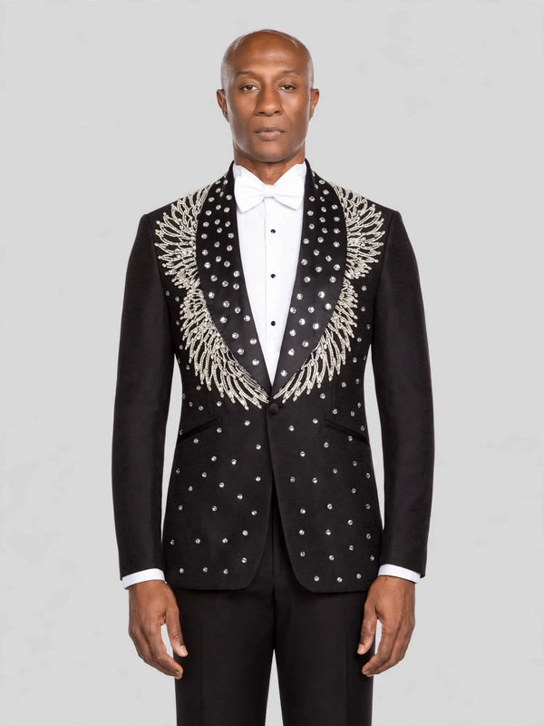 Onyx Silver Crystal Feather-Frond Shawl-Collar Tuxedo Jacket - cover