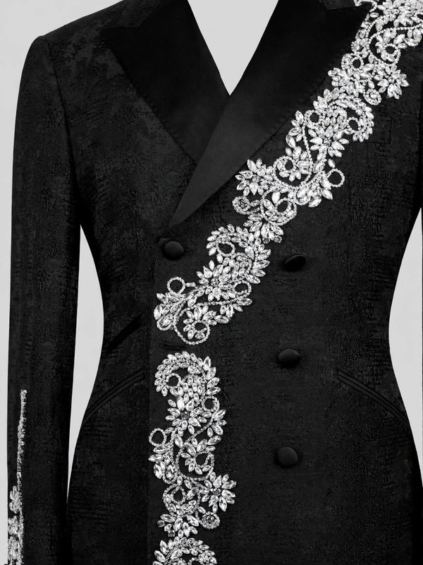 Onyx Silver Crystal Cascade Double-Breasted Tuxedo Jacket 08