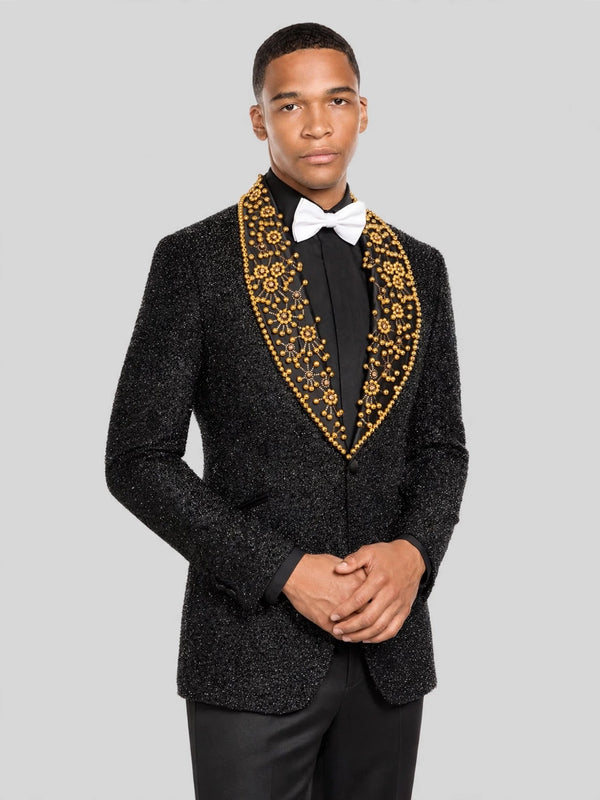 Onyx Gold Pearl-Floral Shawl-Collar Tuxedo Jacket 05