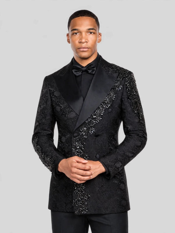 Onyx Silver Jet Diagonal Peak-Lapel Double-Breasted Tuxedo Jacket 06