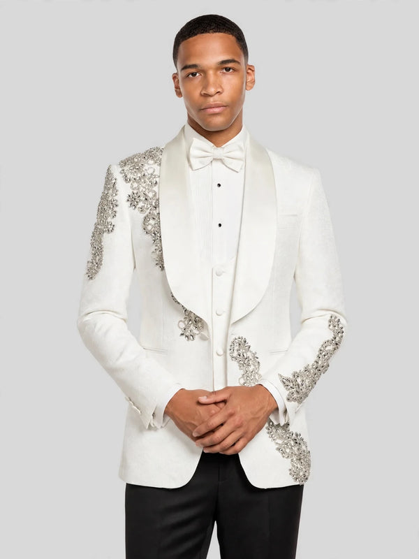 Ivory Silver Crystal Floral Diagonal Shawl-Collar Tuxedo Jacket 03