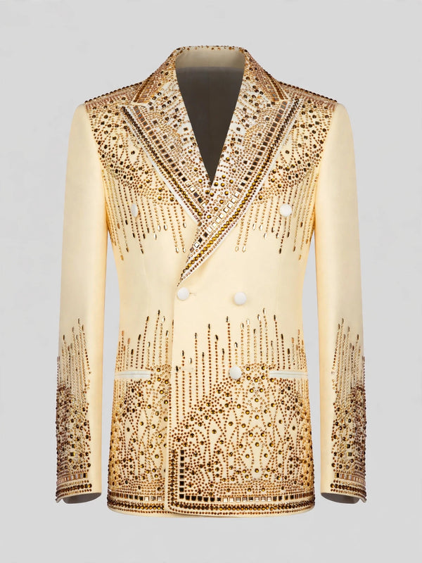 Cream Gold Crystal Cascade Peak-Lapel Double-Breasted Tuxedo Jacket 07