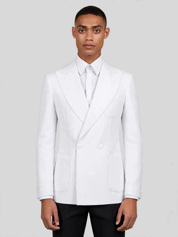 Snow White Pick-Stitch Patch-Pocket Peak-Lapel Double-Breasted Tuxedo Jacket 01