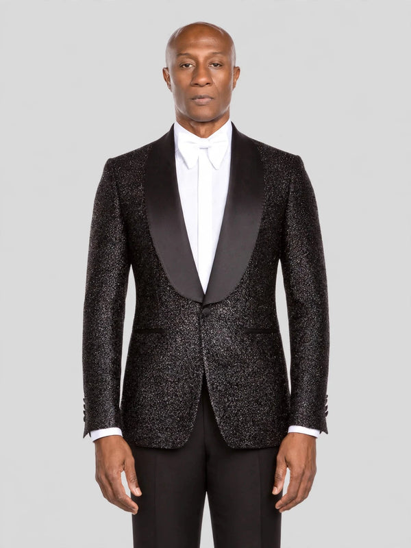 Onyx Silver-Glitter Satin Shawl-Collar Tuxedo Jacket - cover