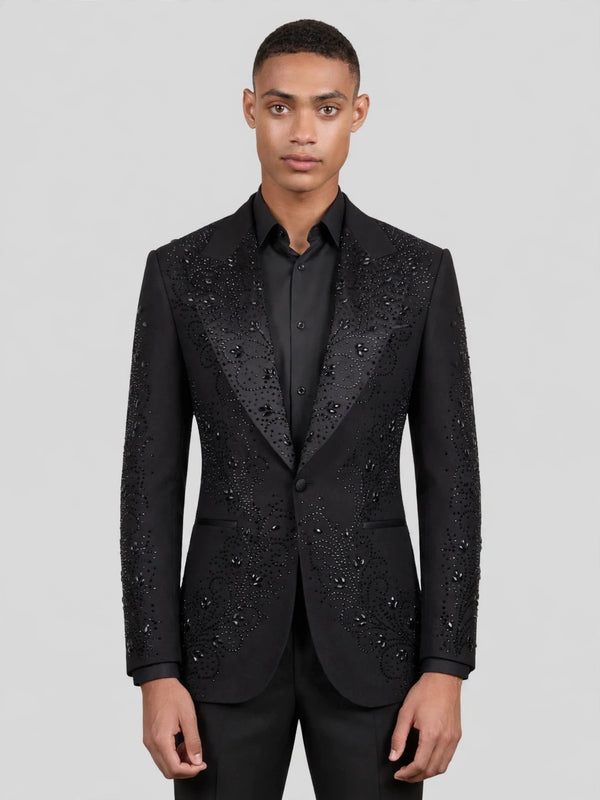Onyx Jet Paisley-Scatter Peak-Lapel Tuxedo Jacket 04