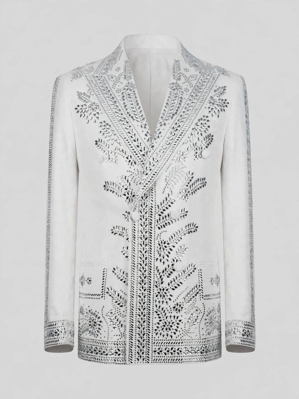 Ivory Silver Fern Crystal Peak-Lapel Double-Breasted Tuxedo Jacket 07
