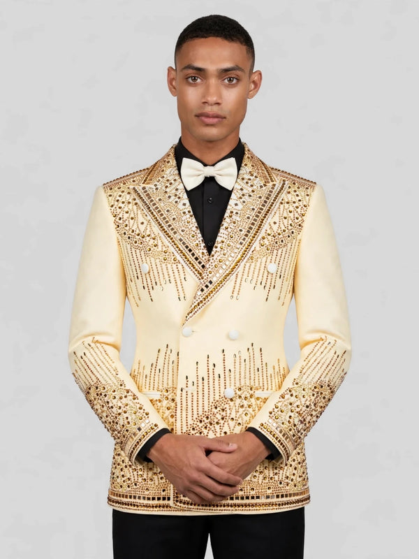 Cream Champagne Mirror-Stud Cascade Peak-Lapel Double-Breasted Tuxedo Jacket 05