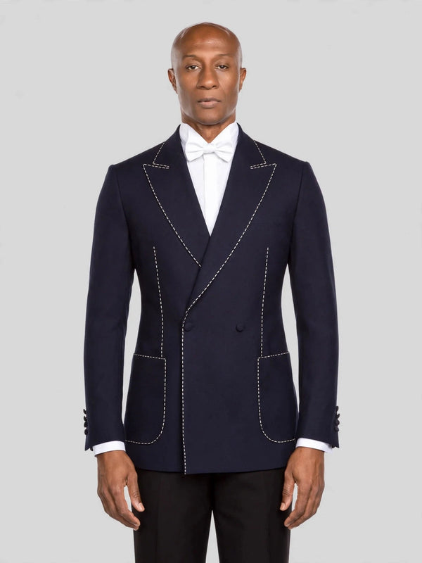 Midnight Navy Bold Pick-Stitch Patch-Pocket Peak-Lapel Double-Breasted Tuxedo Jacket - cover