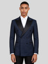 Navy Black Houndstooth Satin Peak-Lapel Double-Breasted Tuxedo Jacket 01