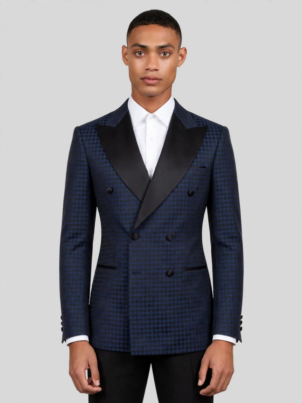 Navy Black Houndstooth Satin Peak-Lapel Double-Breasted Tuxedo Jacket 01
