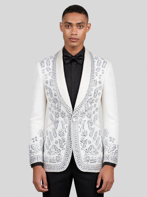 Ivory Silver Crystal Floral Shawl-Collar Tuxedo Jacket 06