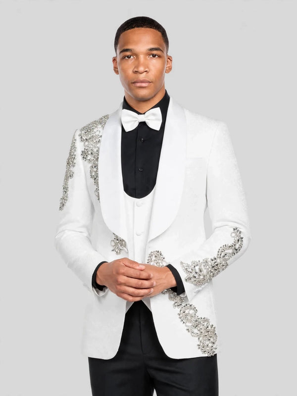 Ivory Silver Crystal Floral Diagonal Shawl-Collar Tuxedo Jacket 05