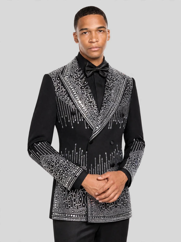 Onyx Silver Crystal Drip Peak-Lapel Double-Breasted Tuxedo Jacket 06