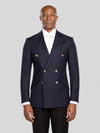 Midnight Navy Gold-Button Slant-Flap Peak-Lapel Double-Breasted Suit Jacket - cover